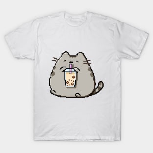 Pixel Chubby Cat Loves Boba Tea! T-Shirt